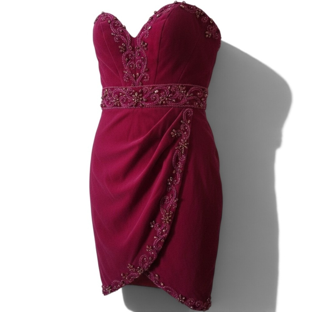 Mac Duggal Cocktail Dress Womens 4 Strapless Beaded Wrap Magenta Pink EUC